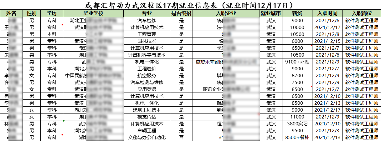 汇智动力武汉分校17期就业情况